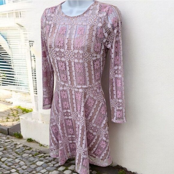 ModCloth ✦ Lace Skater Dress ✦ Pink & Beige Floral Sheer Long Sleeves Open Back - Picture 8 of 16